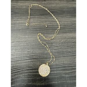 Gold-Tone Round Pendant Necklace w Faux Diamond Rhinestones & Thin Chain